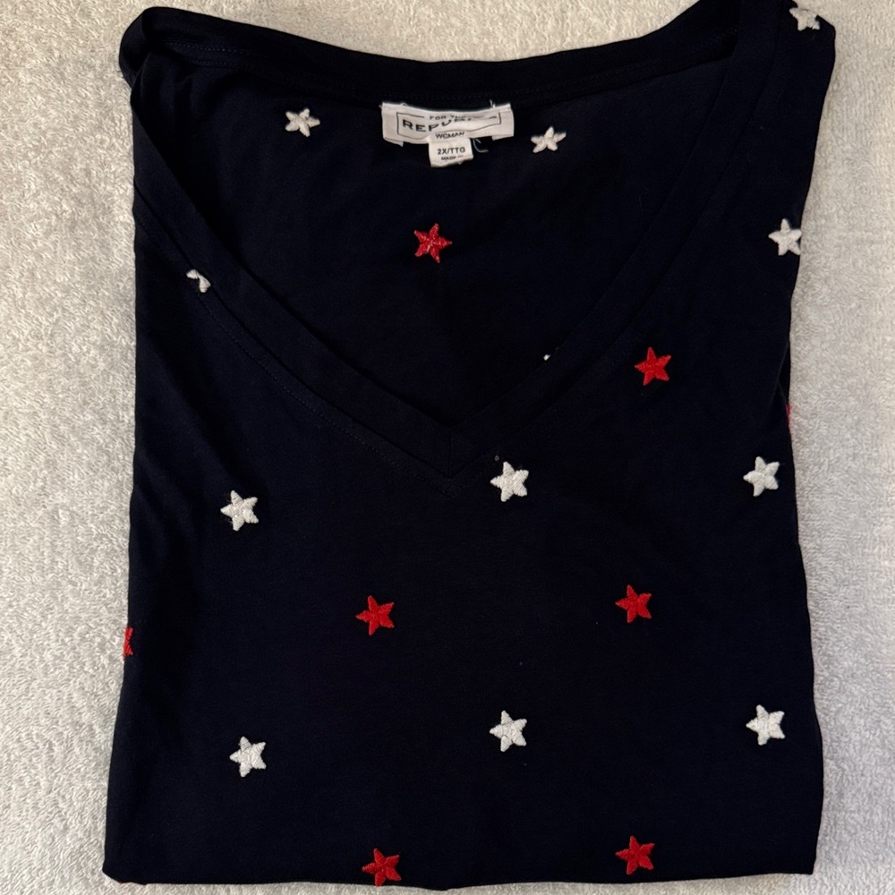 For the Republic Patriotic V-neck Short Sleeve Tee Embroidered Stars USA America - Picture 5 of 7